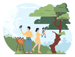 Japanese family outdoors. Happy asian family enjoying spending