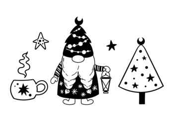 Hand drawn Christmas Gnome with christmas tree and gift, black and white silhouette, Winter magical Garden Gnome isolated clip art, Cute fairy tale character - vector set