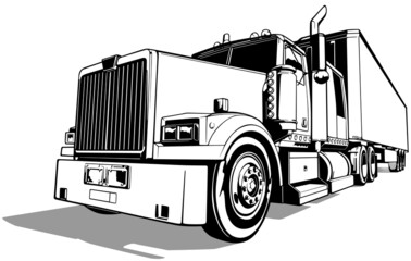Drawing of an American Truck with a Trailer - Black Illustration Isolated on White Background, Vector - 507966834
