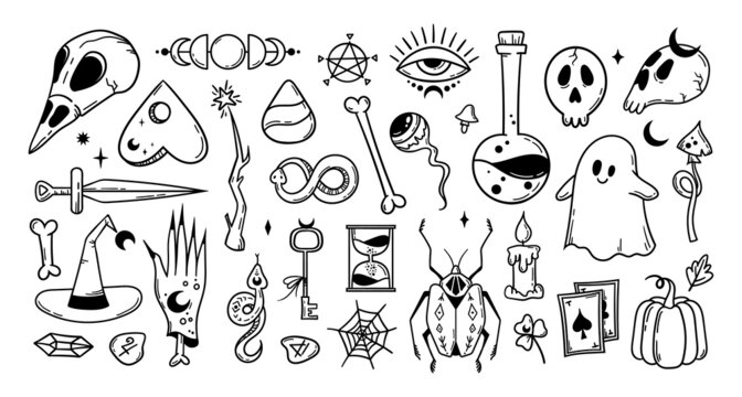 Halloween trippy isolated clip art bundle, goblincore aesthetics objects, mystical snake, ghost, pumpkin, evil eye, moon, mushroom, crow skull, magic bottle, witchy stuff black and white vector