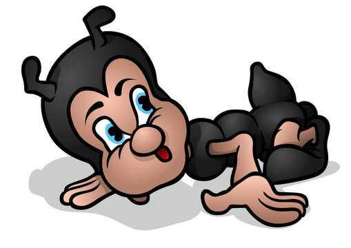 The Black Ant Fell to the Ground with a Surprised Face - Colored Cartoon Illustration Isolated on White Background, Vector