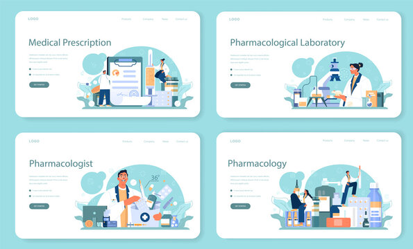 Pharmacologist web banner or landing page set. Pharmacist preparing