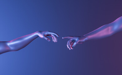 Obraz premium people reaching out hands towards each other in neon lights
