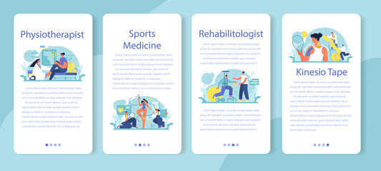 Sports medicine mobile application banner set. Doctor helping patients