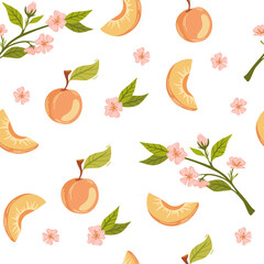 Apricot fruit seamless pattern. Rise garden plant whole and half piece with stem and kernel. Juicy natural healthy fruit. Perfect for wallpaper, fabric, interior decor. Vector cartoon illustration