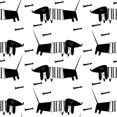 seamless pattern with black and white dachshund 