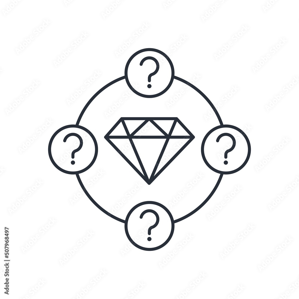 Poster Diamond with question marks. Unknown quality and properties. Vector linear icon isolated on white background