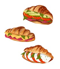 Sandwich set of croissant with cheese and ham with tomatoes bacon and avocado buratto cheese with arugula and tomatoes on a white background close-up. Healthy breakfast concept