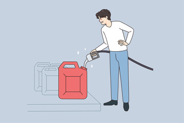 Male driver with pistol hoard petrol in can at gas station. Smiling man buy petroleum collect liquid in canister. Flat vector illustration, cartoon character.  © drawlab19