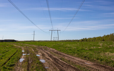 Fototapeta na wymiar Transmission tower, or power line, in front of a clear blue sky, on a Sunny day.