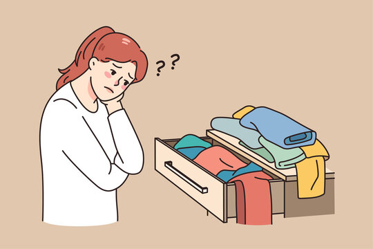 Confused girl look at open drawer with clothes have nothing to wear. Unhappy young woman looking at apparel, have clothing problem. Shopaholic and garment issues. Vector illustration. 