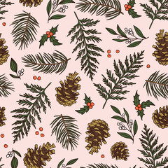 Botanical Christmas seamless pattern. Winter natural repeat design with pine cones and fir branches. Vector hand-drawn illustration.