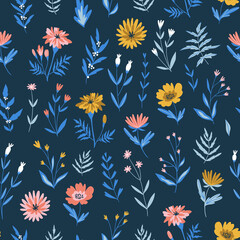 Obraz premium Vector hand-drawn seamless floral print for day of the dead. Marigolds and other plants. Fabric pattern design. Flowers on the dark blue background.