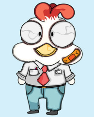 Cartoon cartoon chick in work clothes. creative cartoon illustration. subtable to print, advertising, applications, t-shirt print, etc.