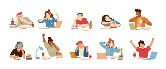 Tired people yawn while work or study at desk with books and laptop. Vector flat illustration of bored and sleepy characters, students feel tiredness, girl sleep on books stack - obrazy, fototapety, plakaty