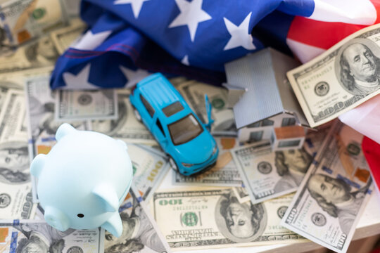 flag of the usa, dollars, piggy bank, toy car