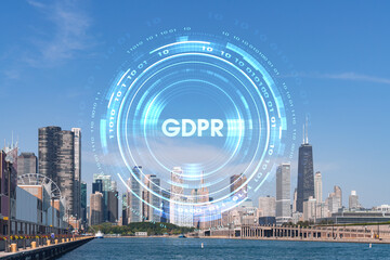 City view of Downtown skyscrapers of Chicago skyline panorama over Lake Michigan, harbor area, day time, Illinois, USA. GDPR hologram, concept of data protection regulation and privacy for individuals