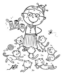 Granny feeding cats, cat lady outline vector illustration