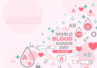 Medical and blood donation icon with wording of World blood donor day on pink background. Poster campaign of world blood donor day in icon flat style and vector design.