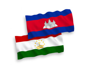 National vector fabric wave flags of Kingdom of Cambodia and Tajikistan isolated on white background. 1 to 2 proportion.