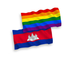 National vector fabric wave flags of Kingdom of Cambodia and Rainbow gay pride isolated on white background. 1 to 2 proportion.