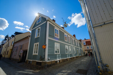 Colorful wooden houses in Eksjö town in Sweden