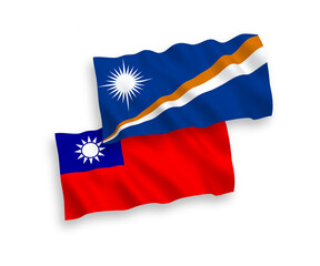 National vector fabric wave flags of Republic of the Marshall Islands and Taiwan isolated on white background. 1 to 2 proportion.