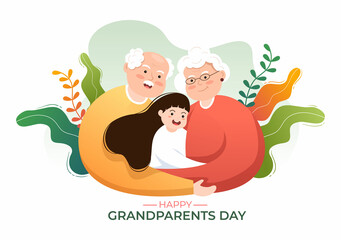 Happy Grandparents Day Cute Cartoon Illustration with Grandchild, Older Couple, Flower Decoration, Grandpa and Grandma in Flat Style for Poster