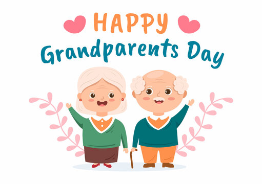 Happy Grandparents Day Cute Cartoon Illustration with Older Couple, Flower Decoration, Grandpa and Grandma in Flat Style for Poster or Greeting Card