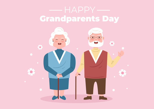 Happy Grandparents Day Cute Cartoon Illustration with Older Couple, Flower Decoration, Grandpa and Grandma in Flat Style for Poster or Greeting Card