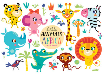 Cute African animals on a white background. Childish vector illustration of elephant, lion, giraffe, Zebra, Rhino, crocodile, monkey, butterfly, bird and leopard.