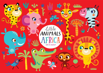 Cute African animals on a red background. Childish vector illustration of elephant, lion, giraffe, Zebra, Rhino, crocodile, monkey, butterfly, bird and leopard.