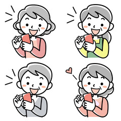 スマホを見て喜ぶシニア女性の上半身セット