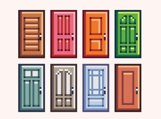 Different doors pixel art set. House entrances collection. 8 bit sprite. Game development, mobile app.  Isolated vector illustration.