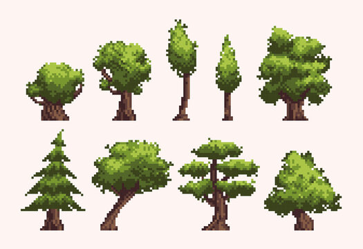 Different trees pixel art icon set. Forest flora species logo collection. 8-bit sprite. Game development, mobile app. Isolated vector illustration.