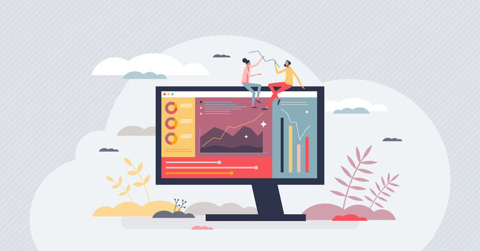 Data visualization and information presentation graphic tiny person concept. Visual representation with company results diagram, pie charts and analytic bars vector illustration. Database dashboard.