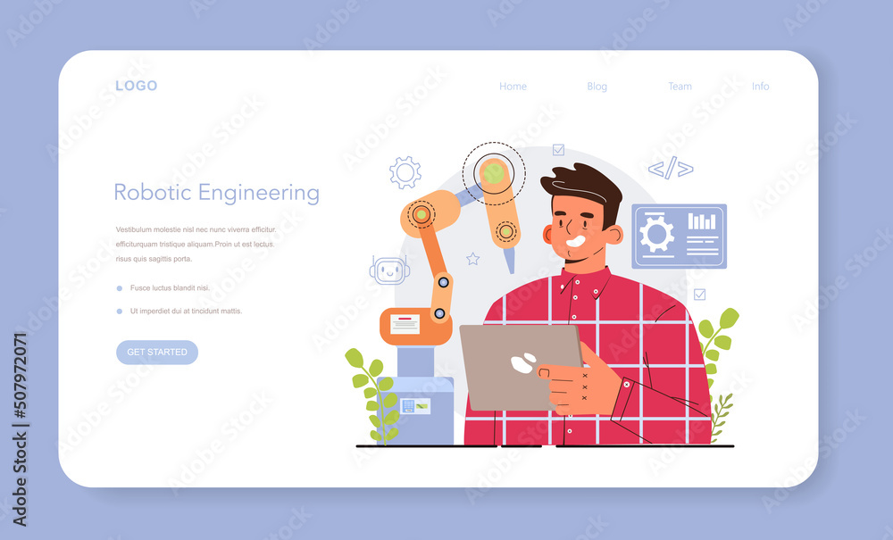 Poster cyber engineering web banner or landing page. robotics' constructing