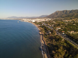 Marbella aerial view with the mountain and the sea, long sandy beaches at costa del sol, Andalusia Spain
