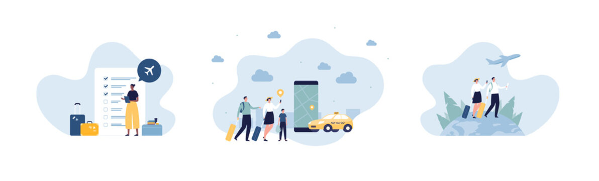 Travel concept and taxi transportation collection. Vector flat illustration set. Group of male and female tourist family with baggage. Car, airplane, planet earth, task list and smartphone symbol.