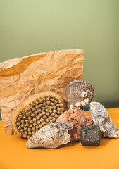 natural skin scrubbing brush. natural body care products in the bathroom. natural homemade soap and body brush