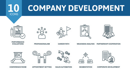Company Development set icon. Editable icons company development theme such as performance evaluations, career path, partnership cooperation and more.