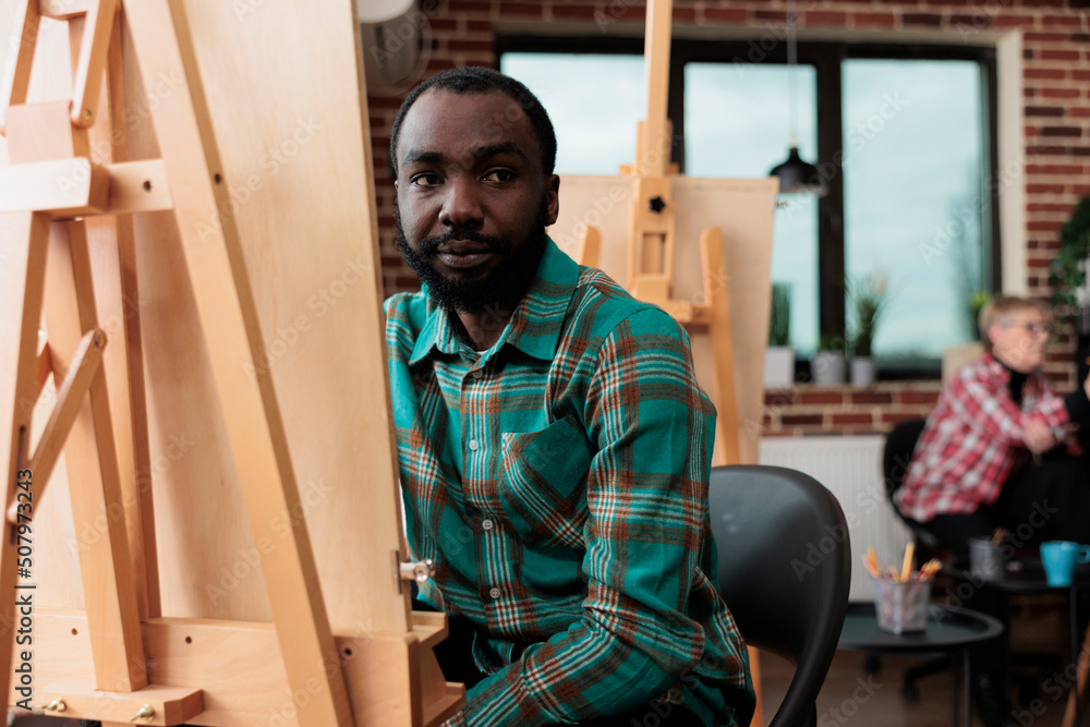 Poster portrait of smiling student attenting art class developing new artistic skill for personal growth le
