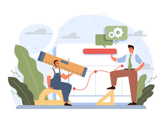 Repair abstract concept. Troubleshooting and rehabilitation. Character dealing