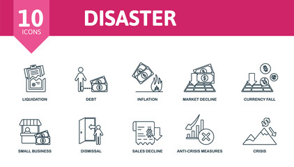 Disaster set icon. Editable icons disaster theme such as liquidation, inflation, currency fall and more.
