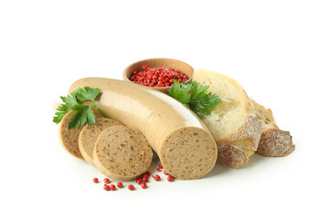 Liverwurst and ingredients for tasty lunch isolated on white background