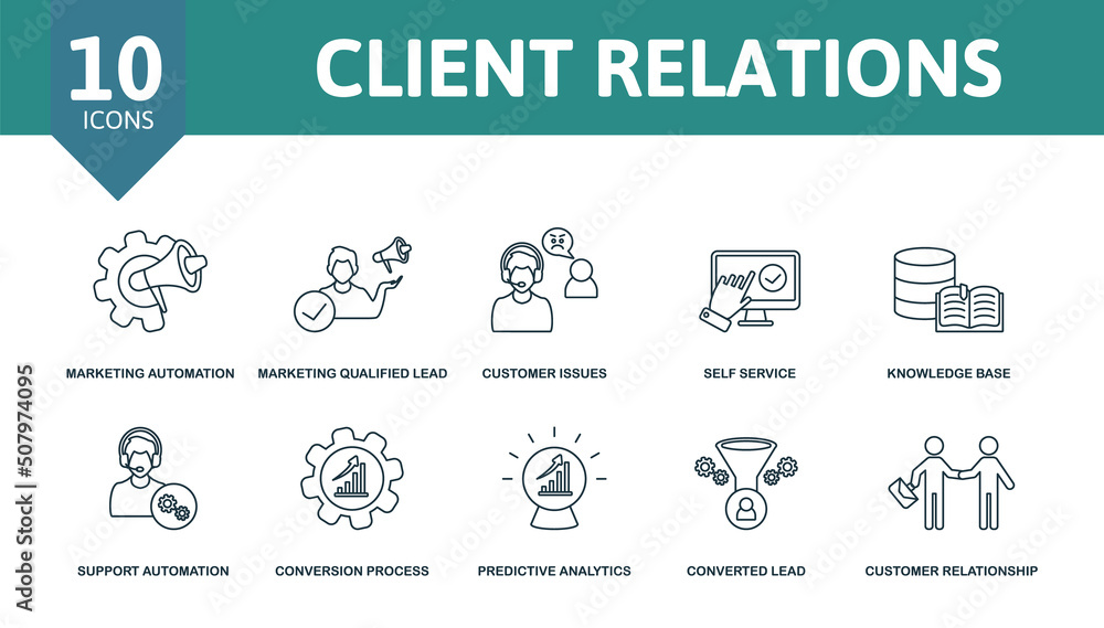 Poster client relations set icon. editable icons client relations theme such as marketing automation, custo