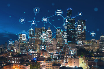 Illuminated aerial cityscape of Seattle, downtown at night time, Washington, USA. Social media hologram. Concept of networking and establishing new people connections