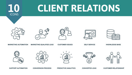 Client Relations set icon. Editable icons client relations theme such as marketing automation, customer issues, knowledge base and more.