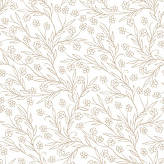 Vector seamless floral pattern with branching flower stems isolated on white background, seamless, hand-drawn, for web background, fabric, paper, doodle style, two-tone.