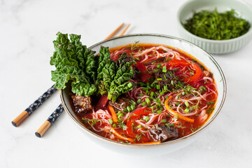 Chopstick Pick Up Chinese Tomato Beef Noodle Soup from A Large Bowl. Green Spring Onions on Top of Red Tomato Soup and Slow Cooked Beef. Noodle Soup is one of China's Traditional Meal.